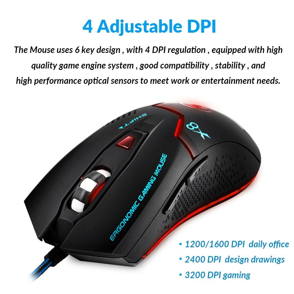 Adjustable Optical Gaming Mouse Ergonomic 3200 DPI Black - 3