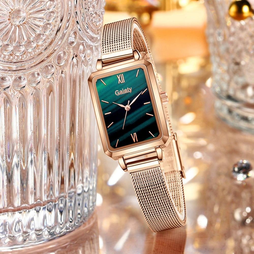For princesses Women Fashion Quartz Watch Bracelet Set Green Dial Luxury Women Watches Simple Rose Gold Mesh Ladies Watc Green - 3