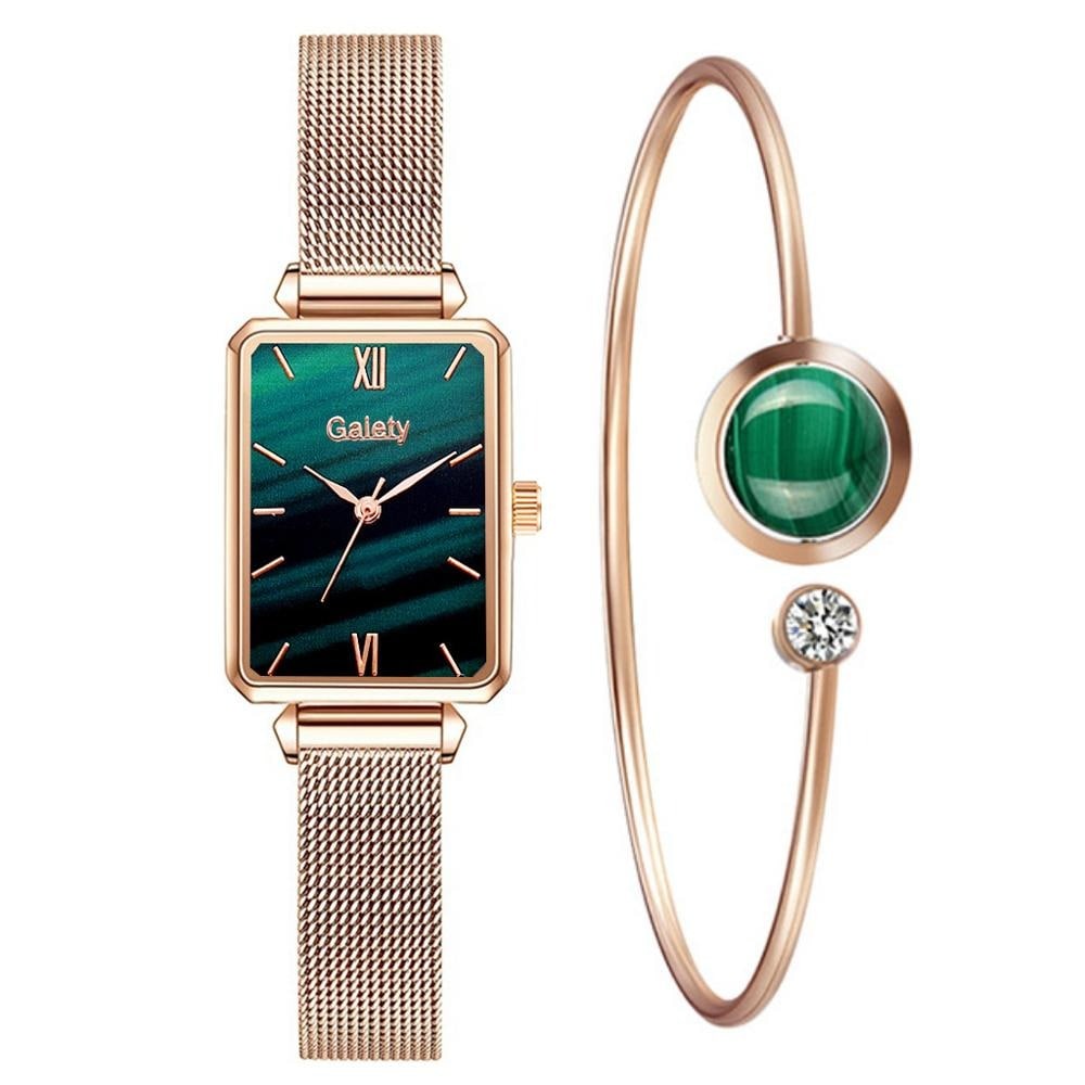 For princesses Women Fashion Quartz Watch Bracelet Set Green Dial Luxury Women Watches Simple Rose Gold Mesh Ladies Watc Green - 5