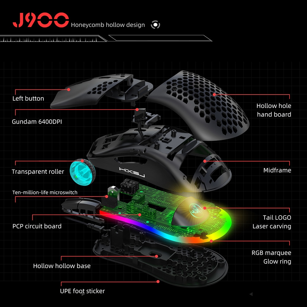 Buy HXSJ J900 USB Wired Gaming Mouse RGB Gamer With 6 Adjustable DPI ...