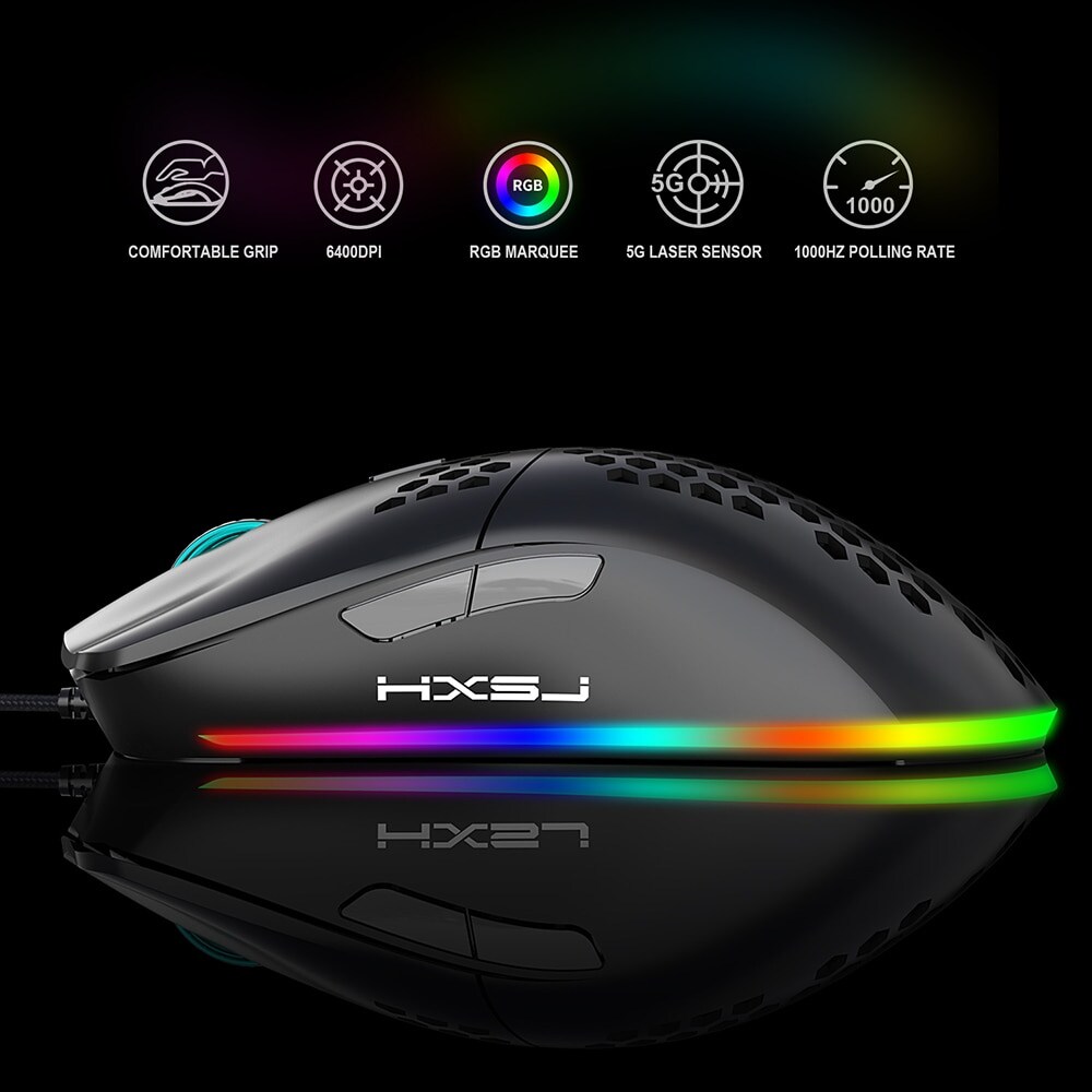 seis D HXSJ-ratón con cable USB J900 para Gaming Mouse con luz RGB 