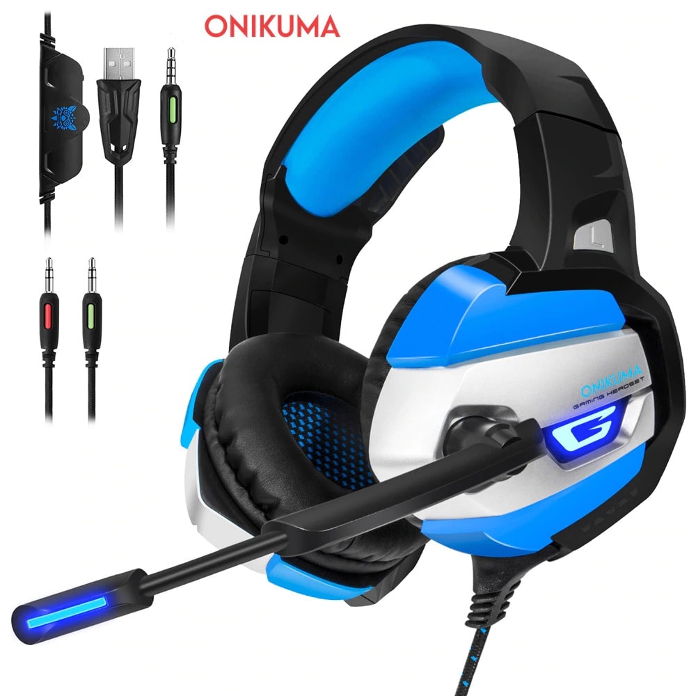 ONIKUMA K5 3.5mm LED Light Stereo Gaming Headset with Mic for Pc/Xbox one/PS4 Blue - 1