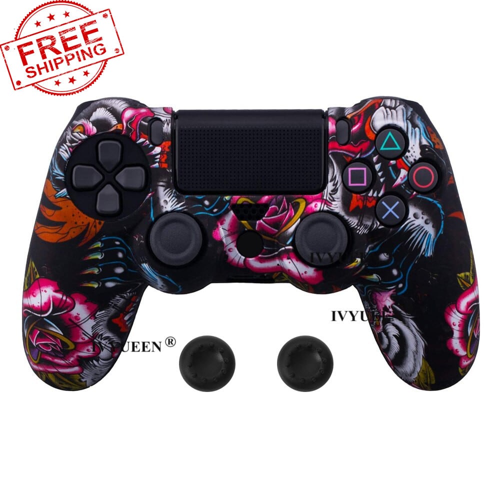 PS4 Controller Silicone Cover plus Thumb Grip Caps - Black Dragon - 1