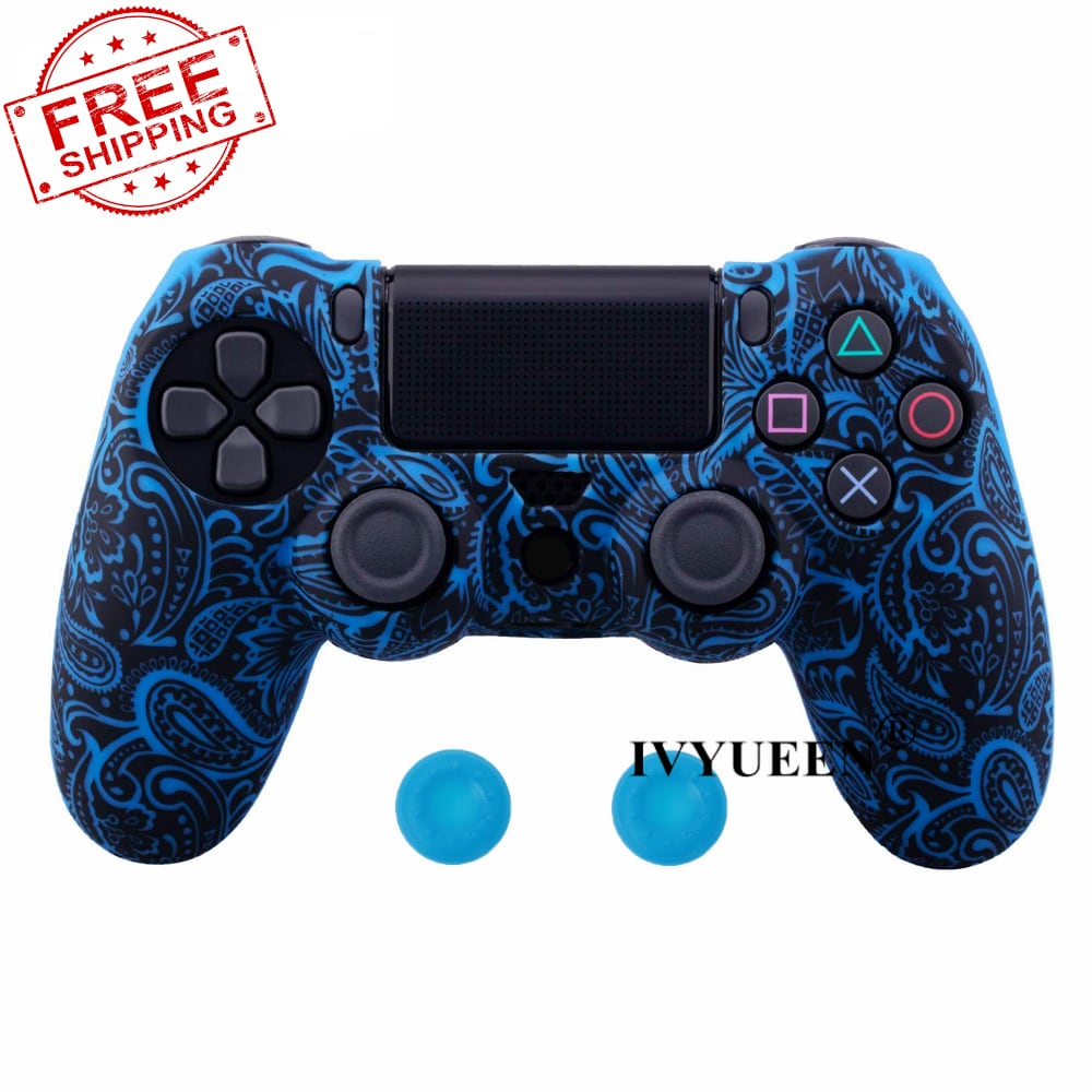 PS4 Controller Silicone Cover plus Thumb Grip Caps - Blue Leaf - 1