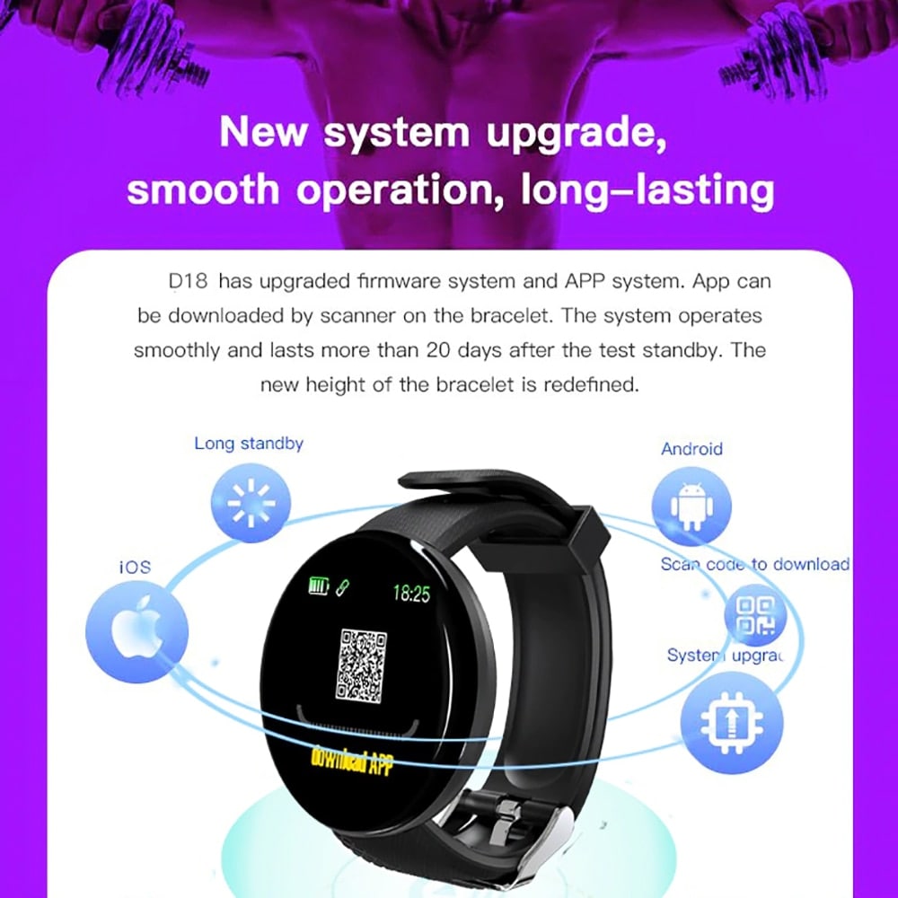 Waterproof D18 Sport smart watch for Android and IOS- Black - 2