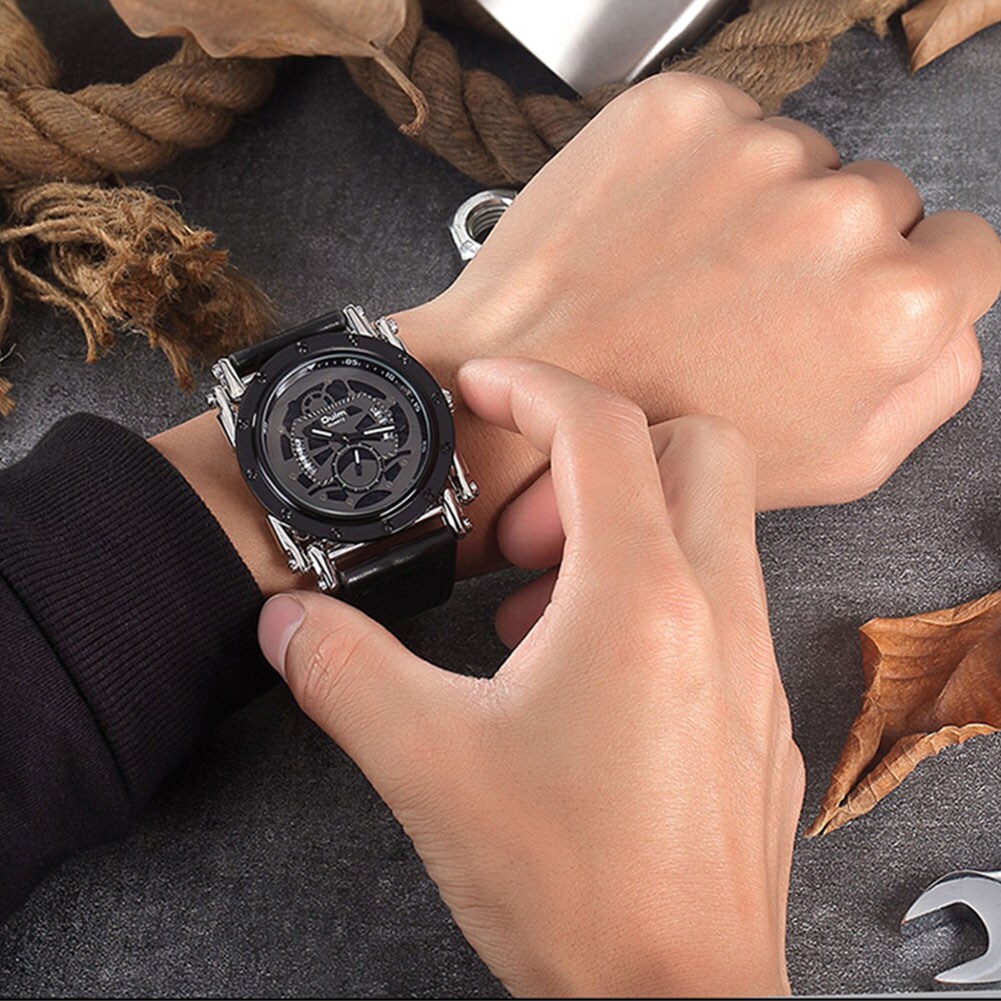 Oulm HP3399 Men PU Leather Strap Quartz Wrist Watch Two Time Zone Analog Display Sport Watch  Black - 2