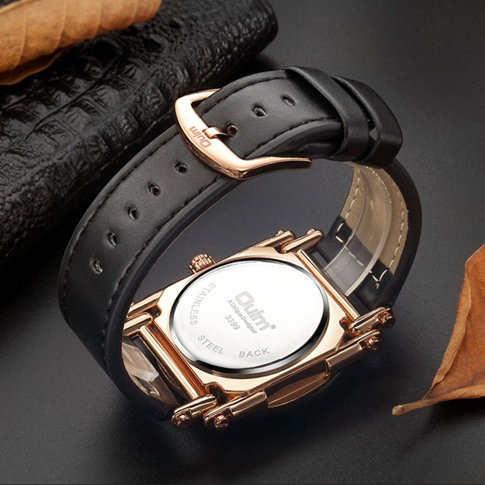 Oulm HP3399 Men PU Leather Strap Quartz Wrist Watch Two Time Zone Analog Display Sport Watch  Silver - 5