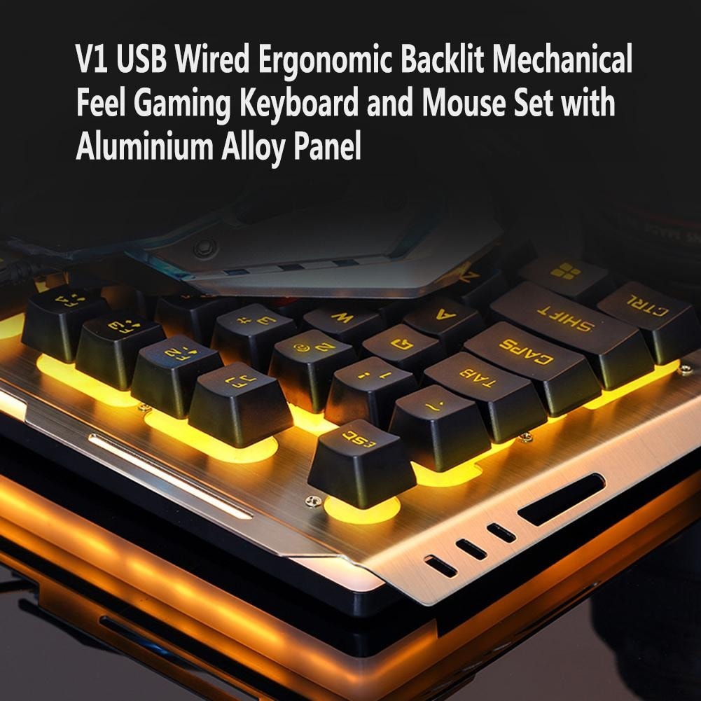 Mechanical Feel Orange Backlit Metal Ergonomic Wired USB Keyboard+3200DPI Breathing Backlit Mouse Gaming Keyboard and Mouse Combo 