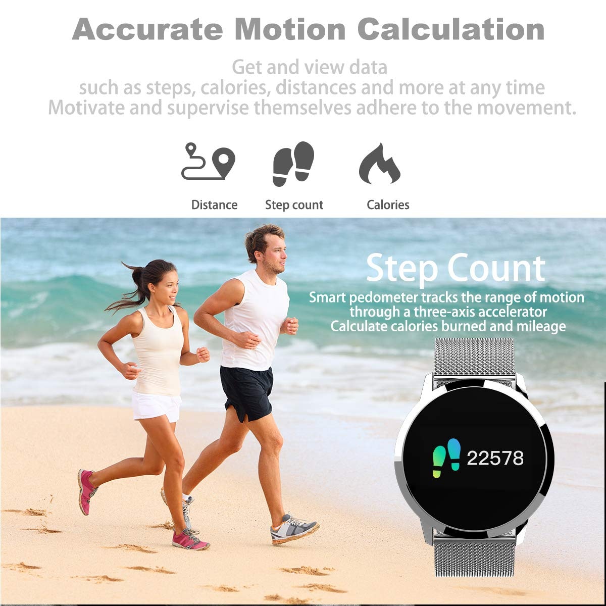 Waterproof Q8 Smart Watch for Women and Men - Fashion Fitness Tracker Heart Rate Blood Pressure - Silver steel - 6