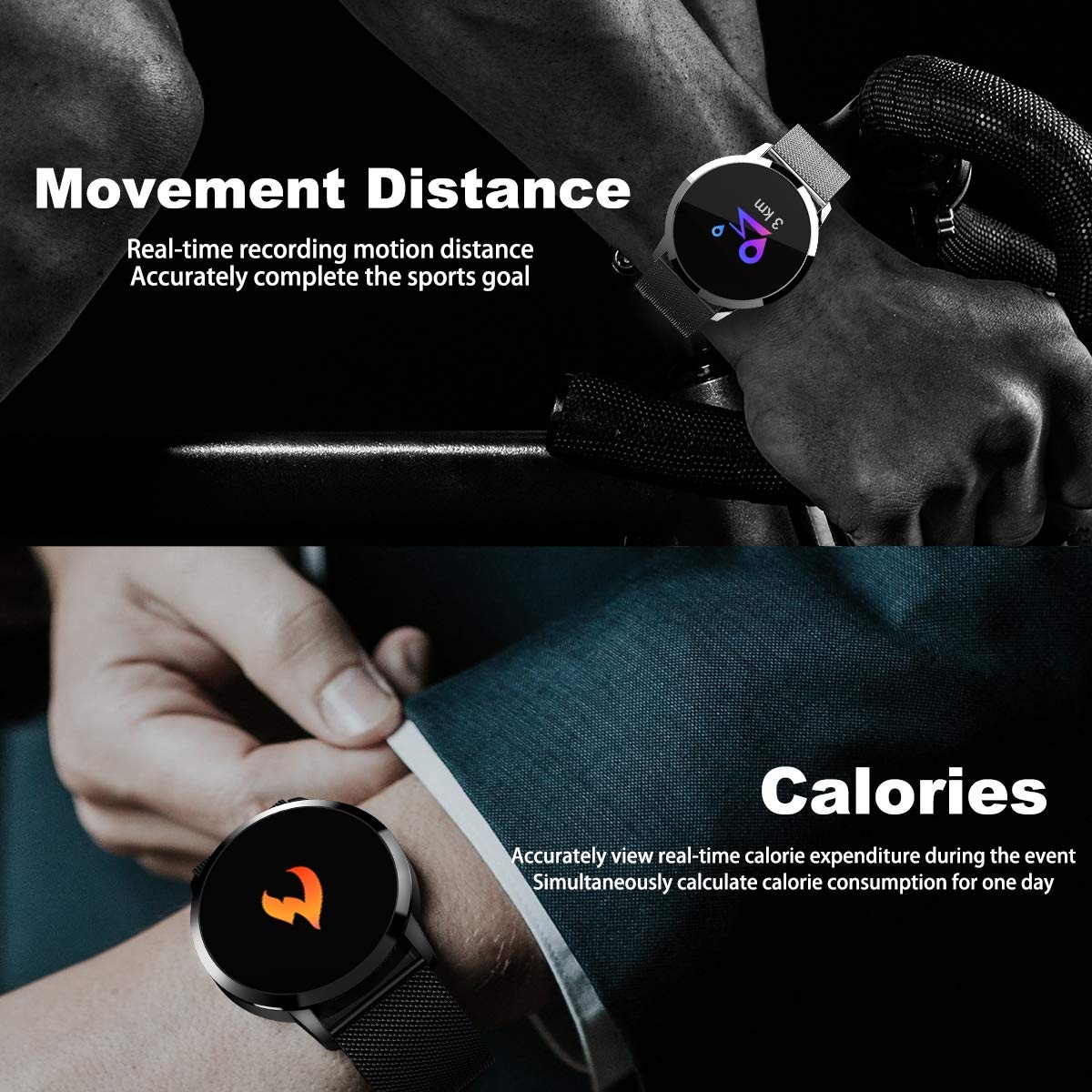 Waterproof Q8 Smart Watch for Women and Men - Fashion Fitness Tracker Heart Rate Blood Pressure - Silver steel - 7
