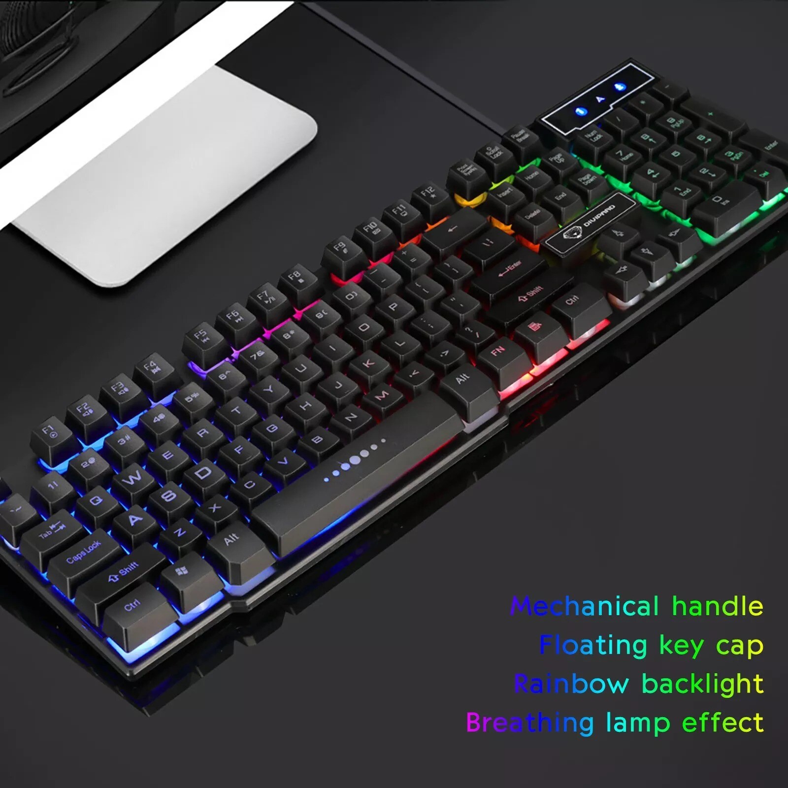 Wired USB Gaming Keyboard Floating Cap Waterproof Rainbow Black - 7
