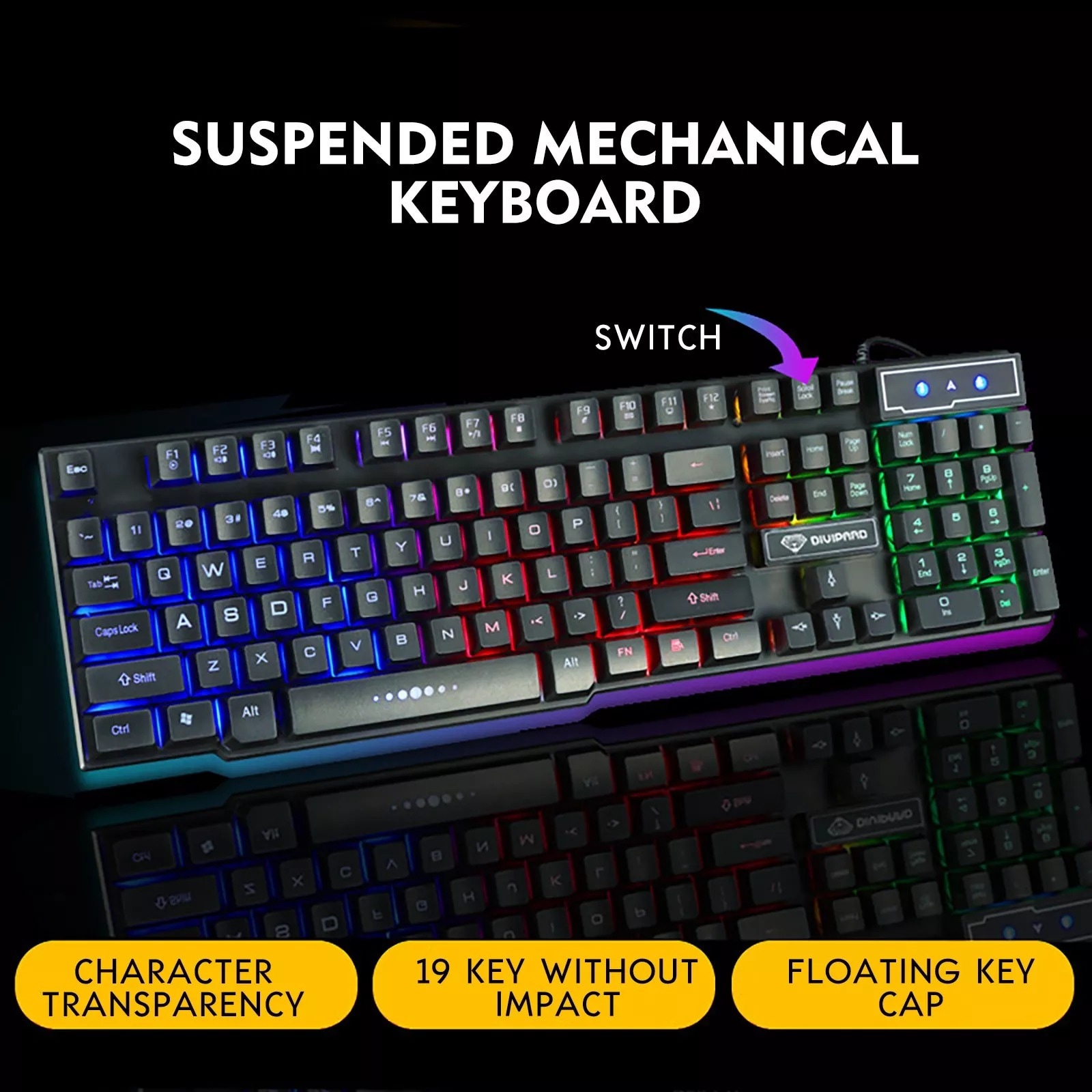 Wired USB Gaming Keyboard Floating Cap Waterproof Rainbow Black - 6
