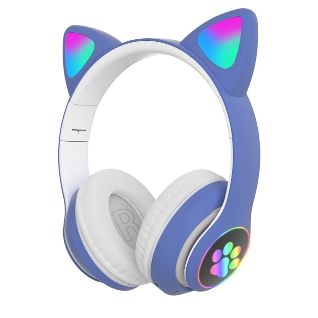 Flash Light Cute Cat Ears Bluetooth Wireless Headphone with Mic Blue - 1