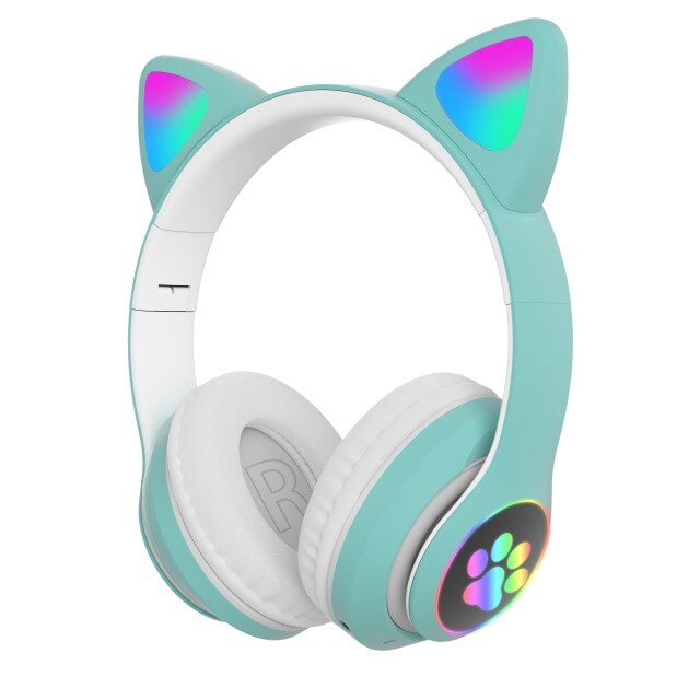 Flash Light Cute Cat Ears Bluetooth Wireless Headphone with Mic Green - 1