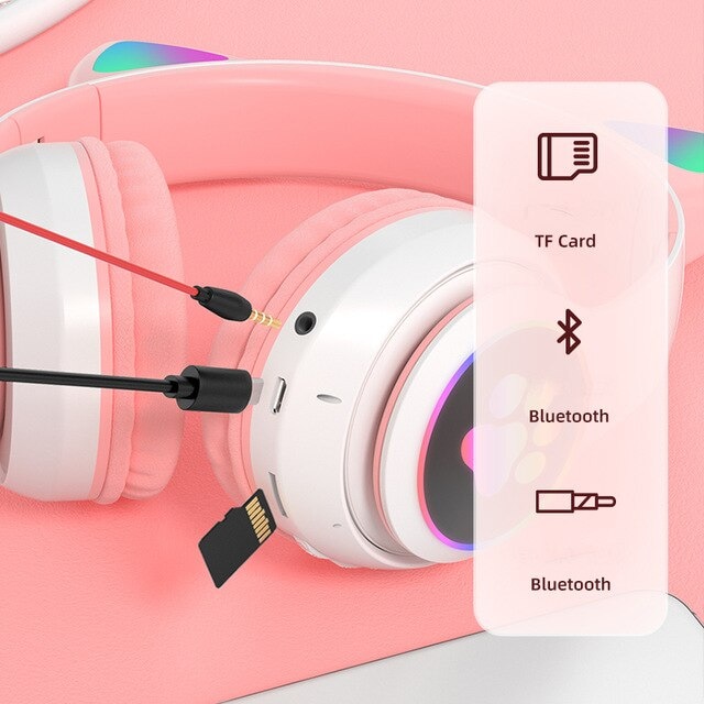 Flash Light Cute Cat Ears Bluetooth Wireless Headphone with Mic White - 4
