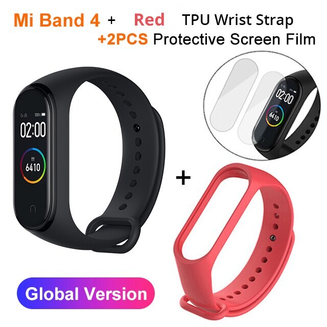 Mi Band 4 Black and TPU wrist Strap and 2PCs Pretective Screen Light Red - 2