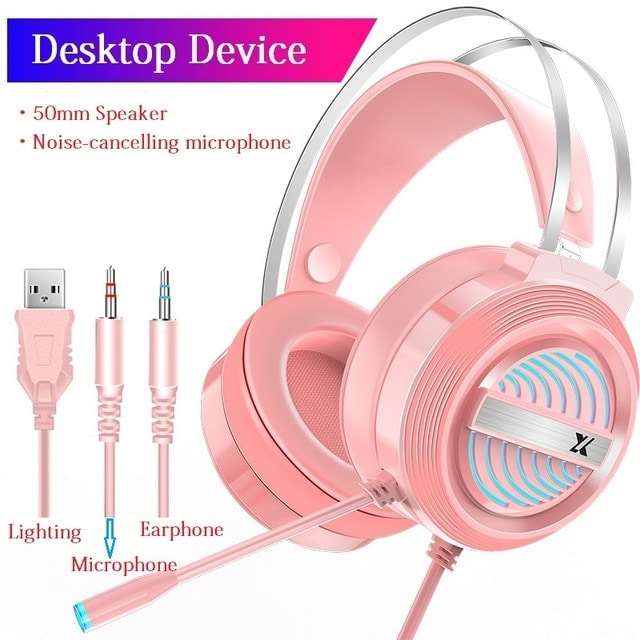PC Gamer Stereo Headphone Flexible Adjustable Pink - 1