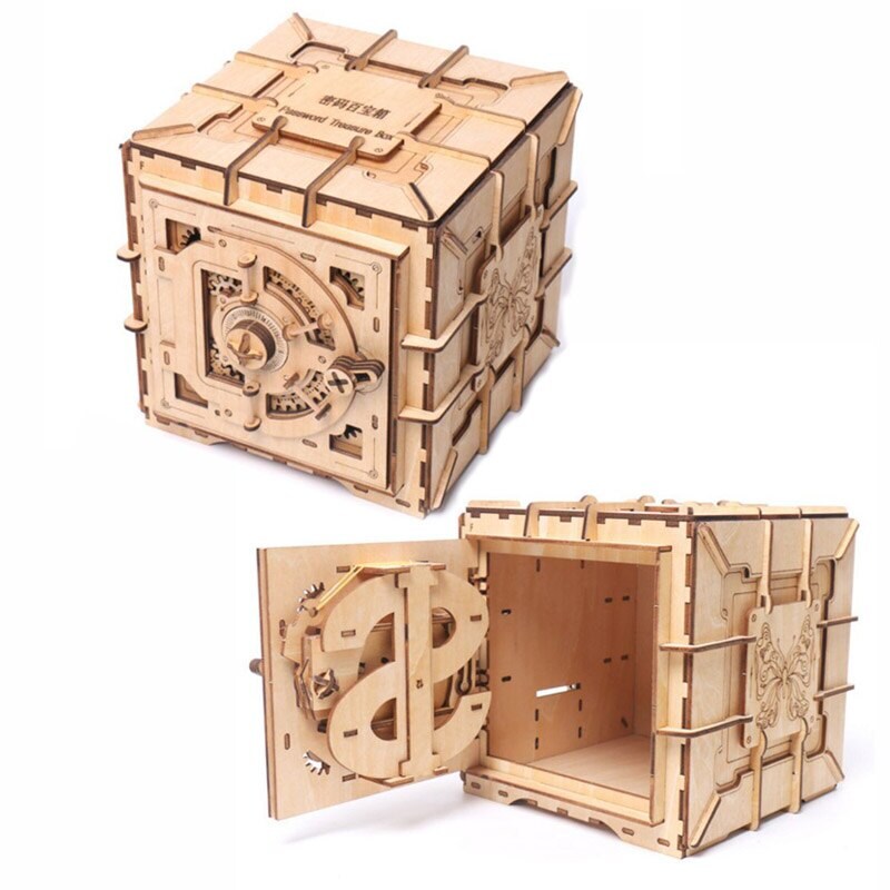 3D Mechanical Puzzle Treasure Wooden Box DIY  with Password - 1
