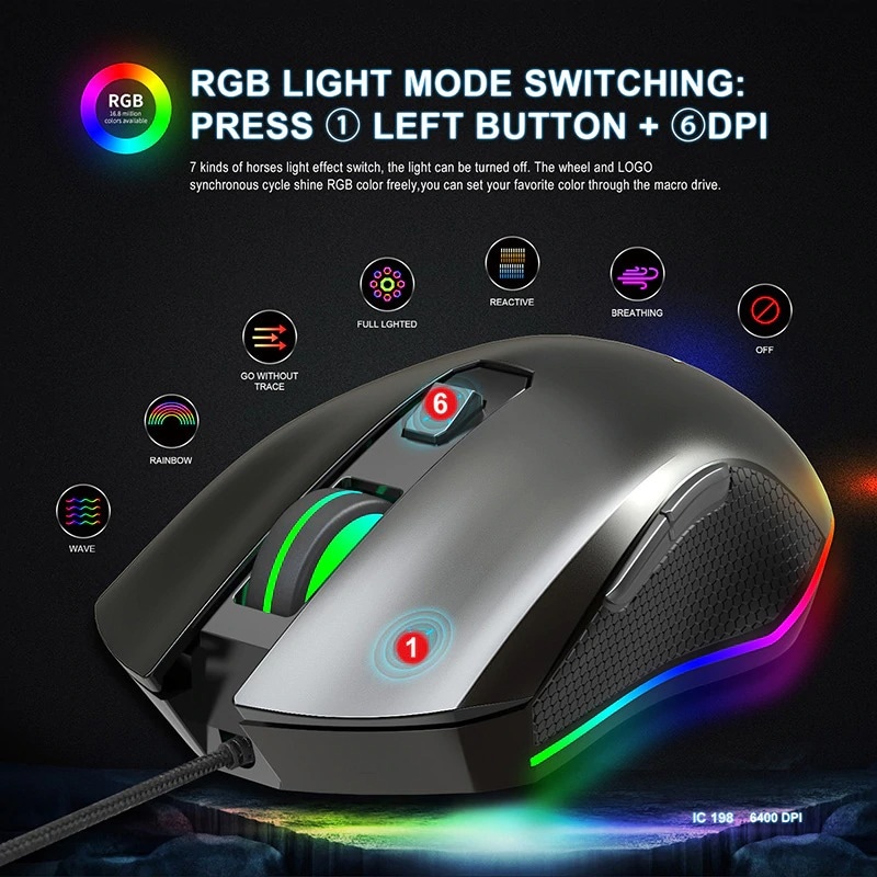 6400DPI Gamimg Mouse RGB LED Breathing Backlight Wired Macro Black - 2