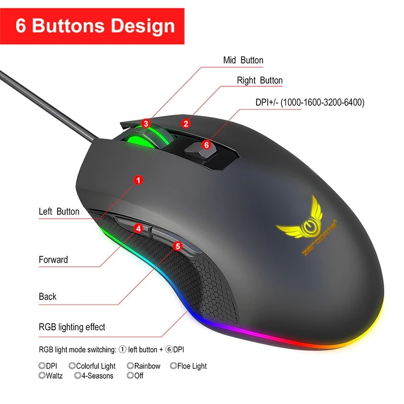 6400DPI Gamimg Mouse RGB LED Breathing Backlight Wired Macro Black - 5