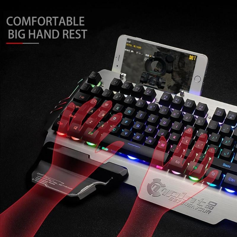 PK-900x Gaming Keyboard RGB Mixed Color Backlight 7pin Computer Keyboards with Mobile Phone Stand Holder for PC Laptop D Black - 1