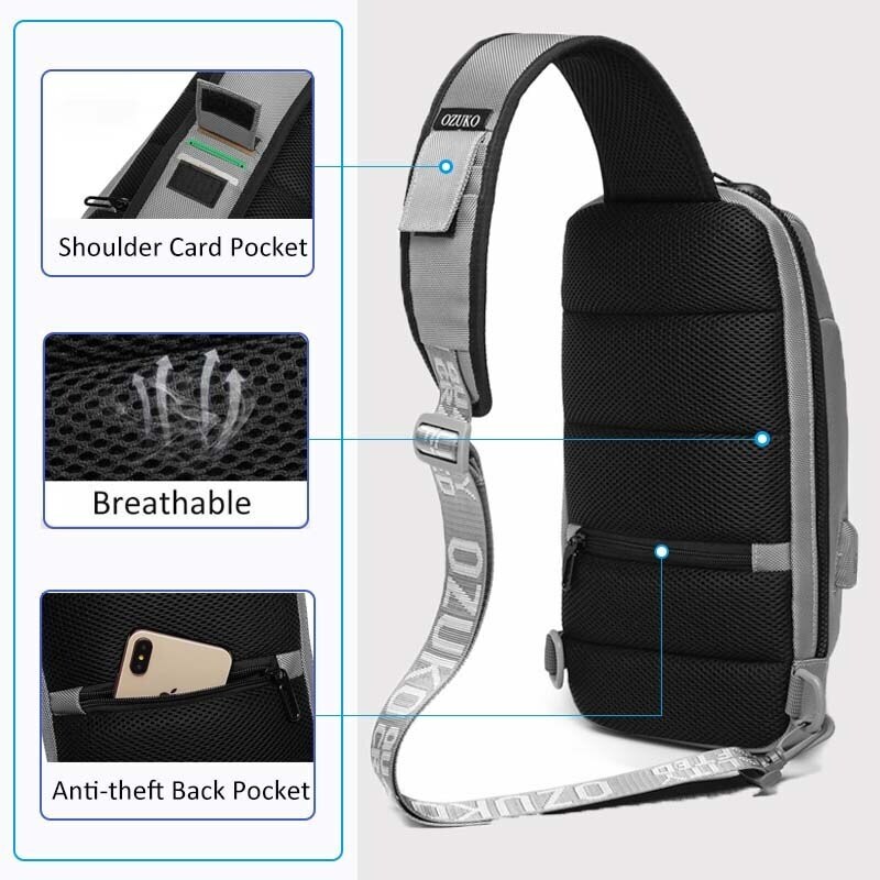 Waterproof Multifunction Backpack Men Anti Theft Fashion Male iPad Shoulder Bag USB Charging Waterproof Sling Fit 9.7 iP Gray - 3