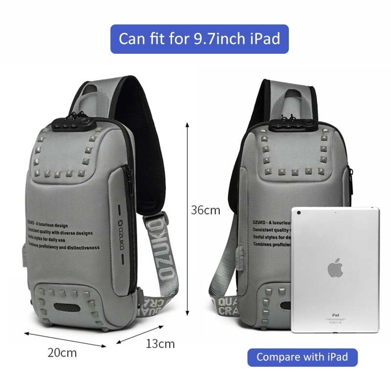 Waterproof Multifunction Backpack Men Anti Theft Fashion Male iPad Shoulder Bag USB Charging Waterproof Sling Fit 9.7 iP Gray - 4