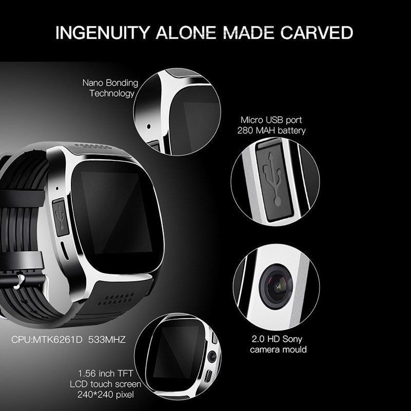 Waterproof Unisex Smart Bracelet with Pedometer GSM SIM Bluetooth Wrist Camera Watch T8 - Black - 7