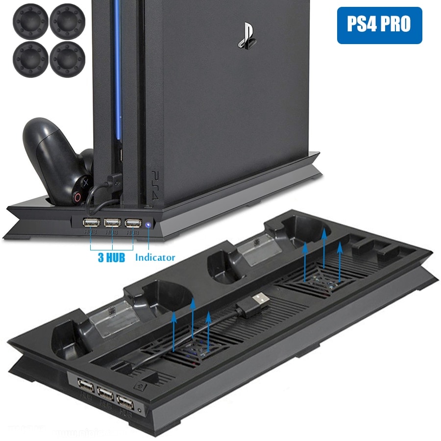 Vertical Stand with Cooling Fan for Sony Playstation 4 Pro with Dual Controllers Charger - 1